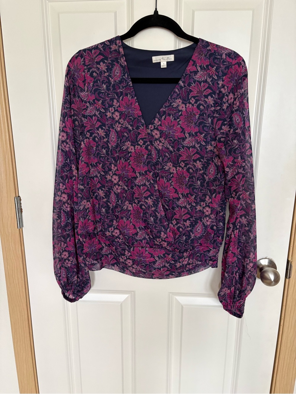 nine britton Navy with Magenta Floral Faux-Wrap Blouse